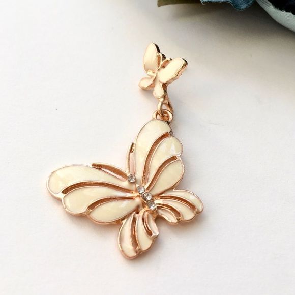Cream & Gold Tone Enamel Dangle Butterfly Earrings NEW - Picture 3 of 7